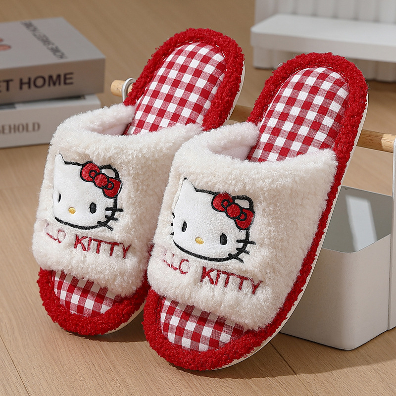 Cute Kt Cat Slippers Spring and Autumn Linen Indoor Home Girl Style Daily Use Cartoon Warm Floor Slippers for Women