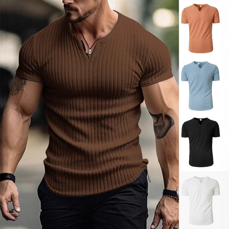 European and American Casual Sports Slim Men's Short-Sleeved T-Shirt Export Cross-Border Knitwear Pure Color American Button-Down Henley Shirt