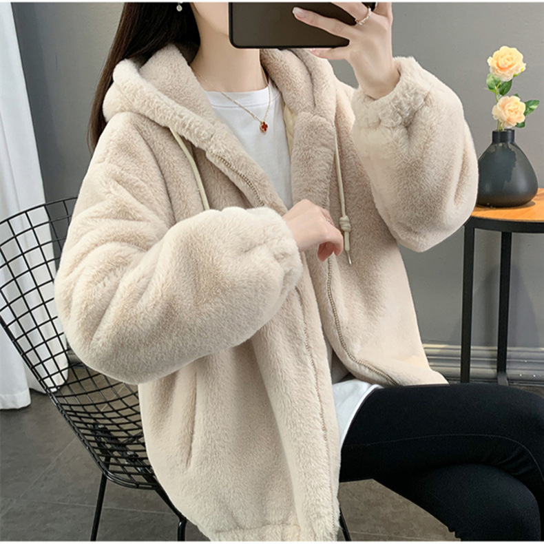 Cross-border Winter Imitation Lazy Rabbit Fur Women's Mid-length Loose Thickened Lamb Fur Coat Hooded Fluffy Coat