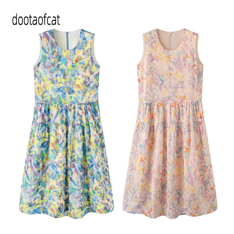 2026 New Summer Women's Clothing Slimming Contrast Color Printed Sleeveless A-Line Mid-Length Skirt Dress Bdt2Ld2930 2026 New Summer Women's Clothing Slimming Contrast Color Printed Sleeveless A-Line Mid-Length Skirt Dress Bdt2Ld2930