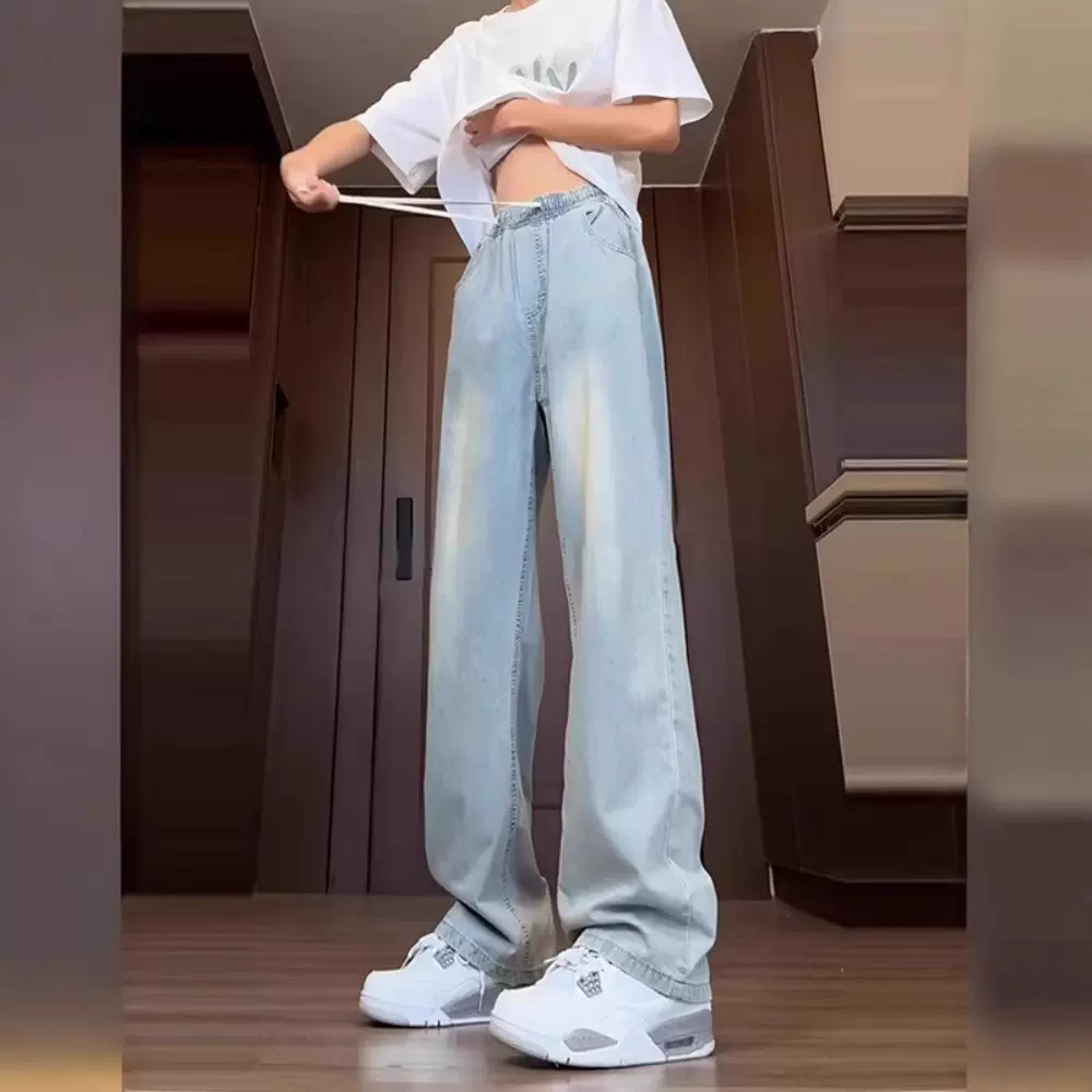 浅蓝色冰丝牛仔裤男薄款夏季直筒青少年裤子加长高个子抽绳阔腿裤
