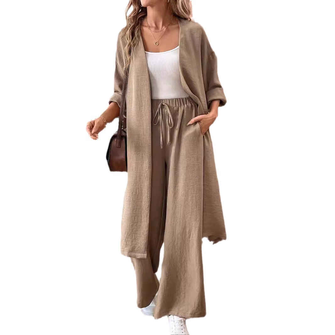 Women's Clothing new loose long cardigan top wide leg pants two piece suit_voghion.com