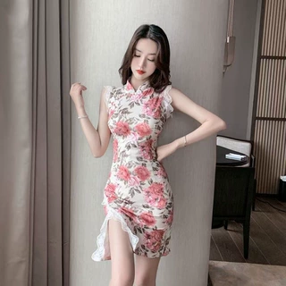 包臀短裙修身时尚甜美开叉复古气质少女纯欲风花色改良旗袍连衣裙