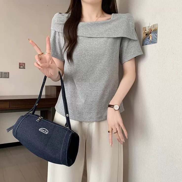 Корейский стиль, асимметричная футболка на одно плечо с короткими рукавами для женщин, летняя новинка, дизайн большого размера, универсальный короткий топ Pure Lust