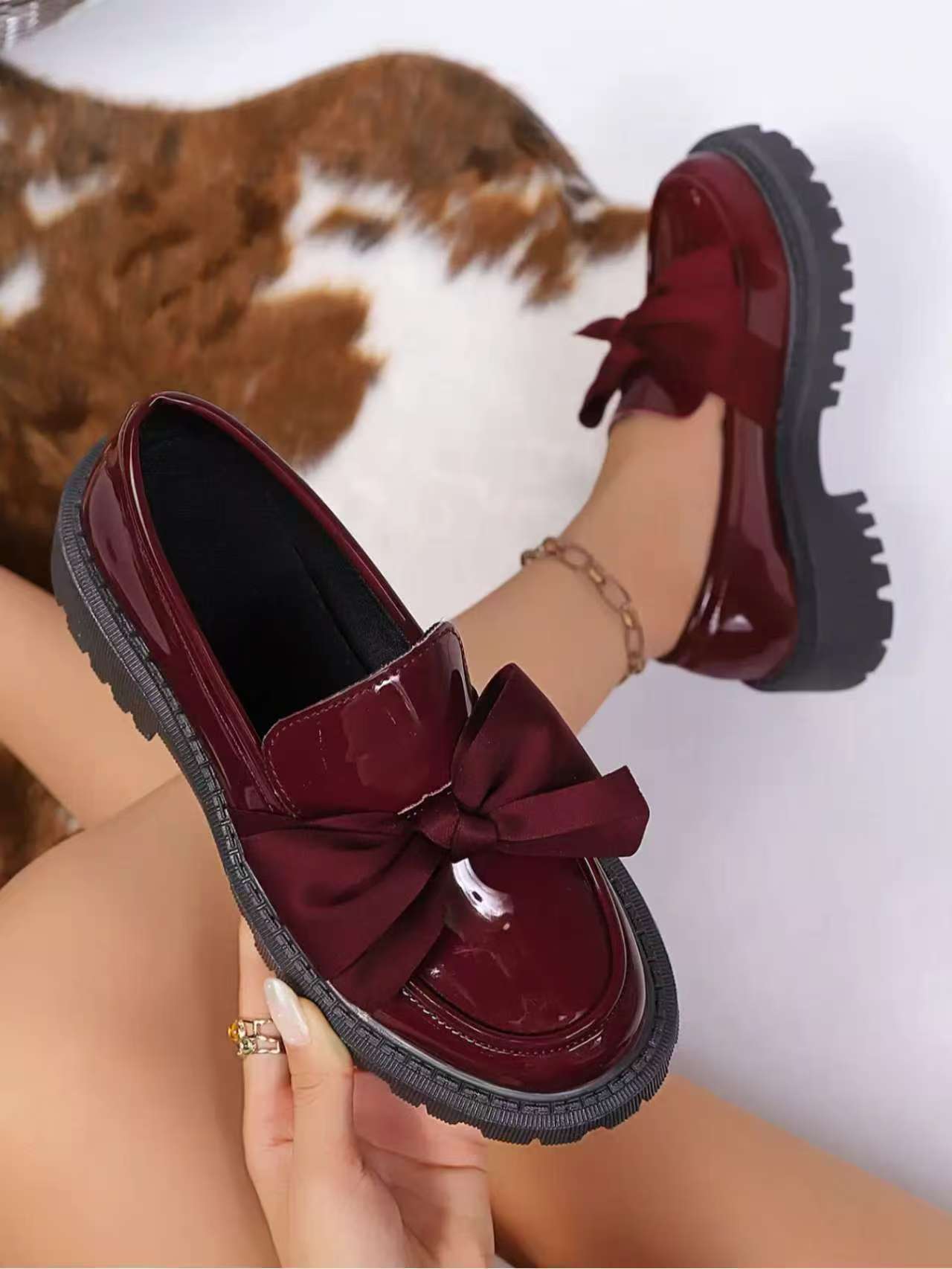 Women's Plus Size Bow Tie Platform Loafers For Autumn Leather_voghion.com