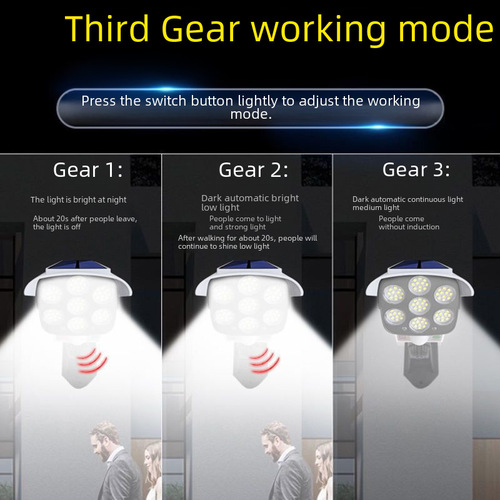 77 LED solar-powered security light with simulated camera and motion sensor illumination, suitable for household outdoor waterproof use.