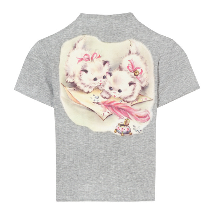 純粋な欲望の甘いギャルの猫のプリントの高襟の正肩の半袖のtシャツの女性の夏の修身の短い黄色の正肩の上着|undefined