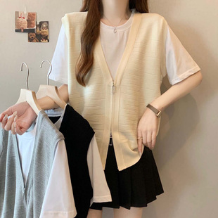 2025 Summer New Product Splicing Fake Two-Piece Cool Knitted Cardigan Women's Large Size Versatile Casual Top
