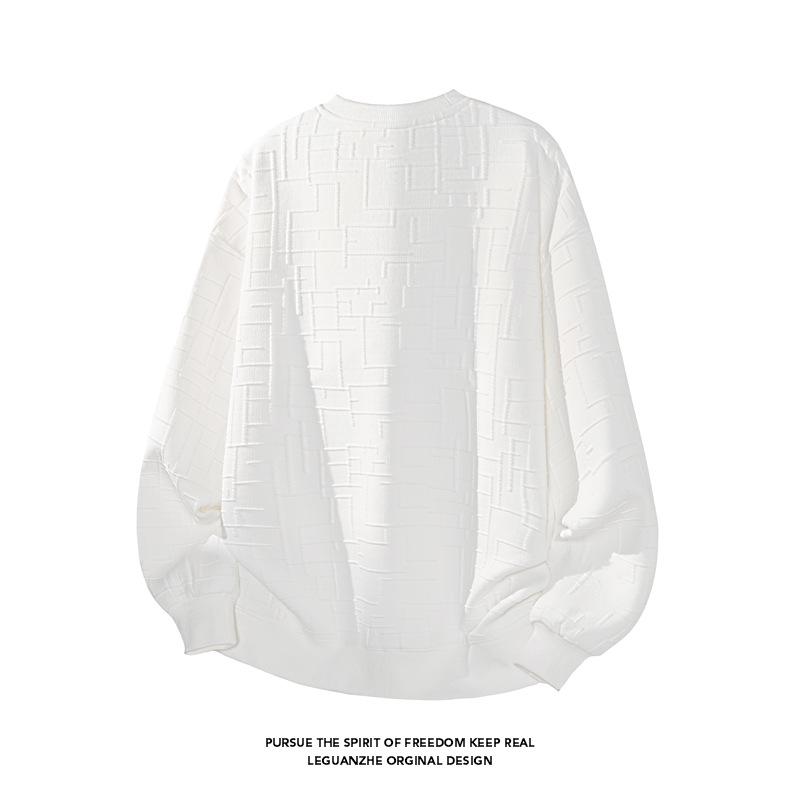 Cleanfit witte sweater met textuur voor dames en heren, retro T-shirt met ronde hals en lange mouwen in Amerikaanse stijl voor de herfst._voghion.com
