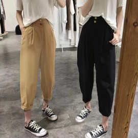 2023新款夏季白色萝卜哈伦裤女九分束脚设计感休闲裤薄款高腰裤子