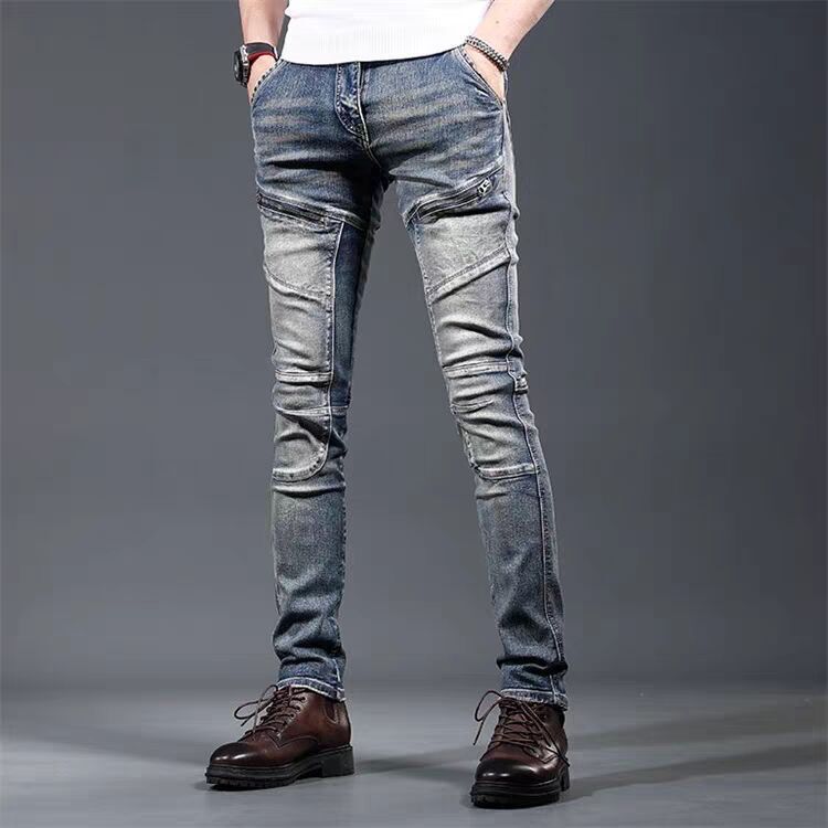 European High-End Personalized Biker Jeans for Men, 2025 Spring New Trendy Stylish Slim-Fit Skinny Pants
