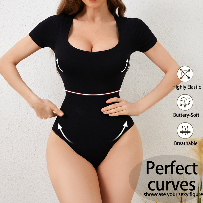 Cross-border hot selling European and American square collar tight waist and abdomen close-fitting seamless short-sleeved thong body shaping jumpsuit women's top