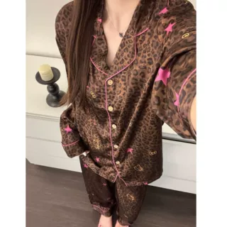 法式轻奢豹纹冰丝印花睡衣女春秋新款长袖长裤大码居家套装可外穿