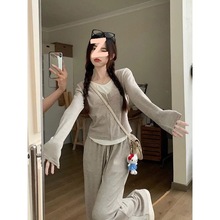 假两件拼接修身显瘦长袖上衣高腰阔腿长裤女秋冬季时尚套装亚马逊