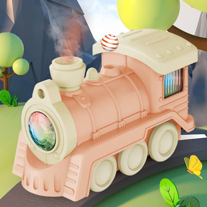 Niños suspendidos soplando bola tren iluminado concierto spray multifuncional tren pequeño juguetes eléctricos al por mayor cruce