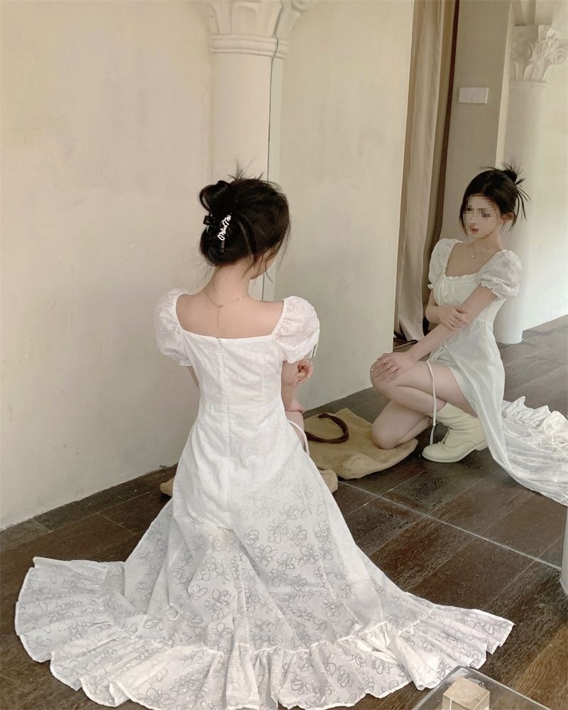 Váy dài cổ vuông tay ngắn thắt eo phong cách Pháp mùa hè — màu trắng chi tiết 12