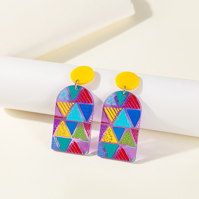 Fashion New Oval Printing Color Square Stitching Pattern Acrylic Earrings display picture 9