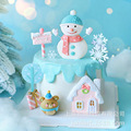 烘焙蛋糕装饰圣诞清新粉围巾雪人房子雪花云朵插牌套件甜品台装扮