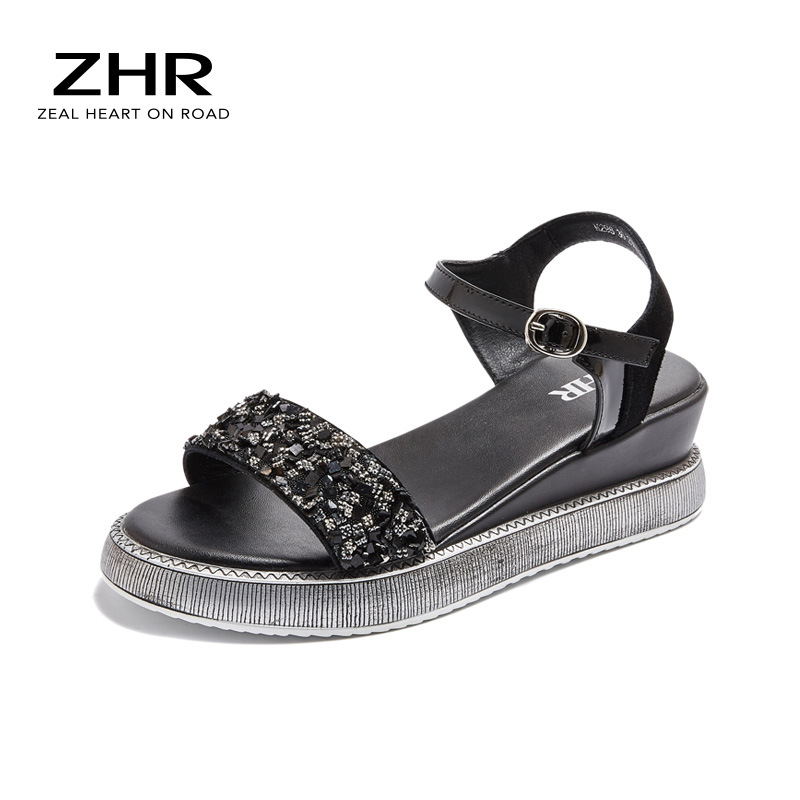 Giày sandal đế xuồng nữ đính đá thời trang — M298 màu đen