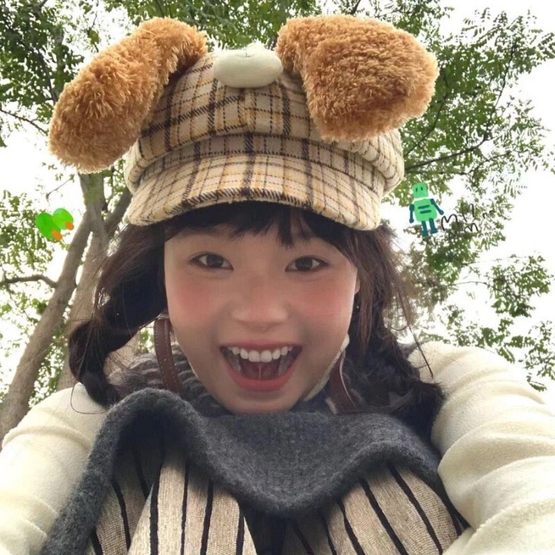 狗狗毛绒耳朵格纹帽子女可爱y2k甜酷八角帽显脸小秋冬氛围感帽子|undefined