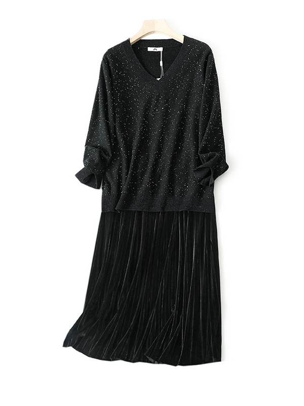 60-150kg Plus Size Fashionable Two-Piece Set 2025 Autumn and Winter Fat mm Sequined V Neck Knitwear Pleated Skirt