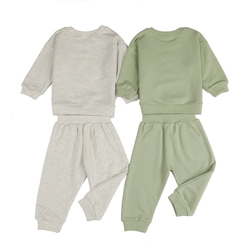 Autumn/Winter New Cross-border Instagram Children's Clothing Set: Long-sleeved Plain Cotton Rope Decorated Top + Pockets Long Pants