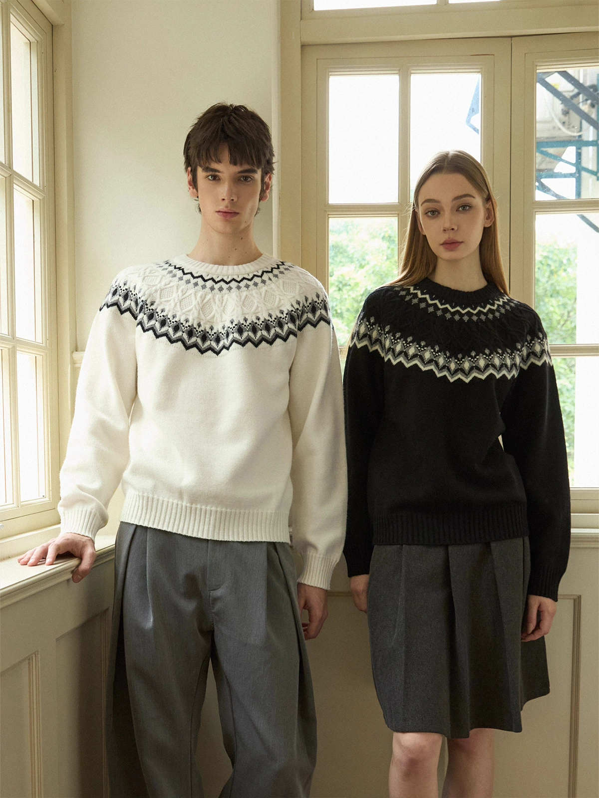 【JMWH】Ночная вечерняя Fair Isle вязка с воротником-стойкой, удобный и дышащий реглан-свитер