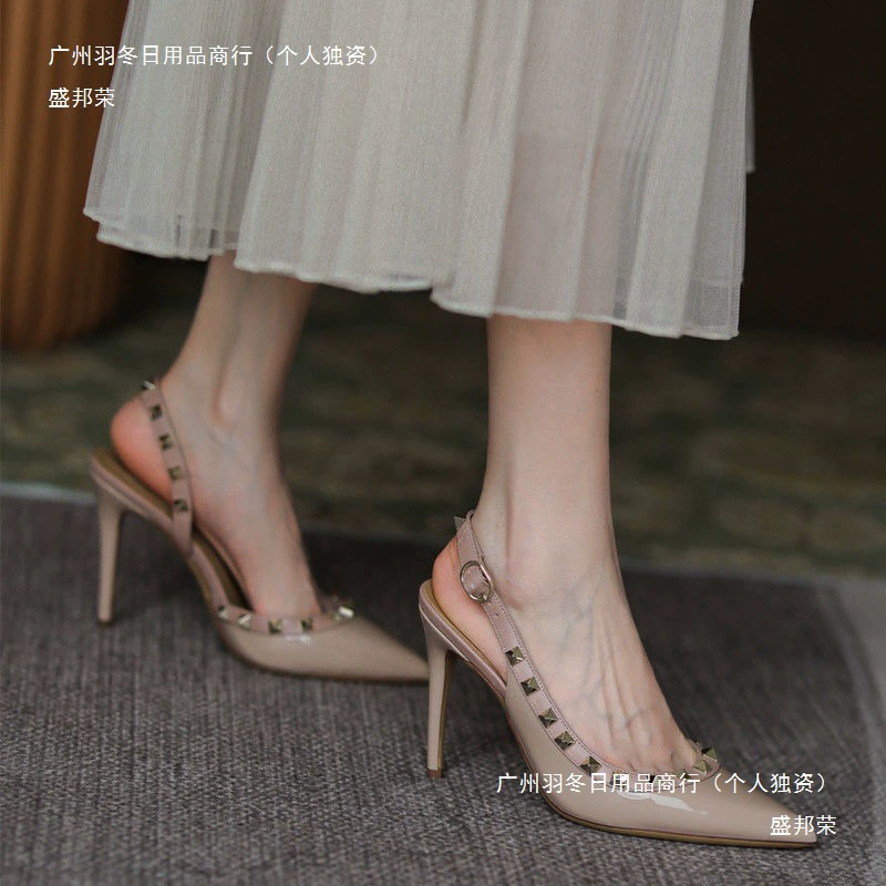 Туфли на высоком каблуке с шипами во французском стиле, весна/лето 2024, интернет-знаменитости, остроконечные босоножки из лакированной кожи телесного цвета, женские сексуальные туфли на шпильке с открытой спиной