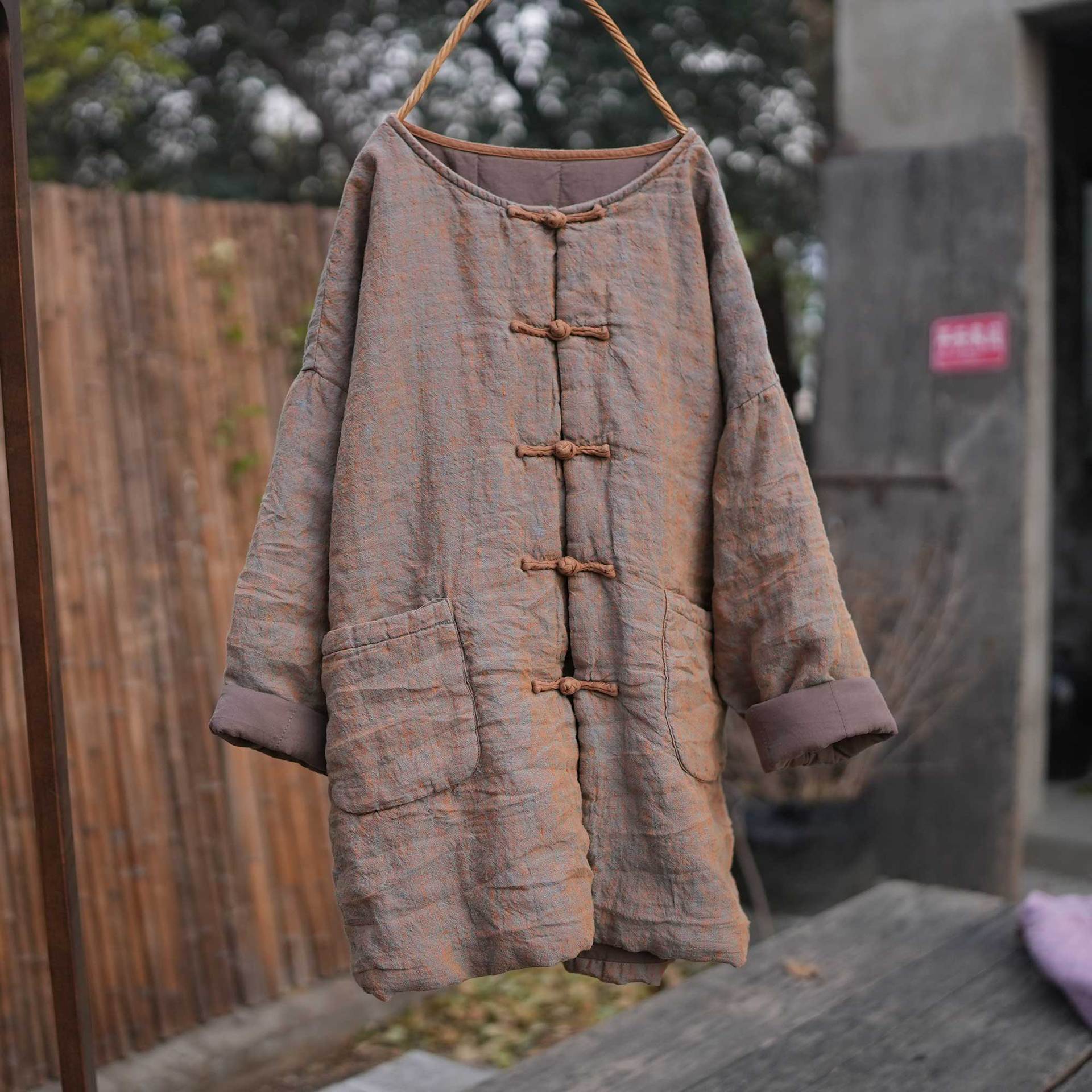 325 Color-Woven Linen Cotton Coat, Hand-Sewn with Traditional Buttons, Mid-Length Cotton Coat with Large Pockets