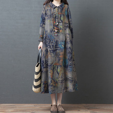 棉麻印花翻领长袖连衣裙女2025夏秋新款文艺宽松装中长款衬衫裙女