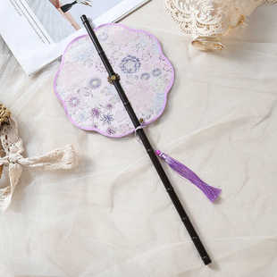 Ji Qingxue Original Purple Flowers Bamboo Curtain Fan Foldable Rotating Retro Long Handle Waist Fan Hanfu Shooting props fan