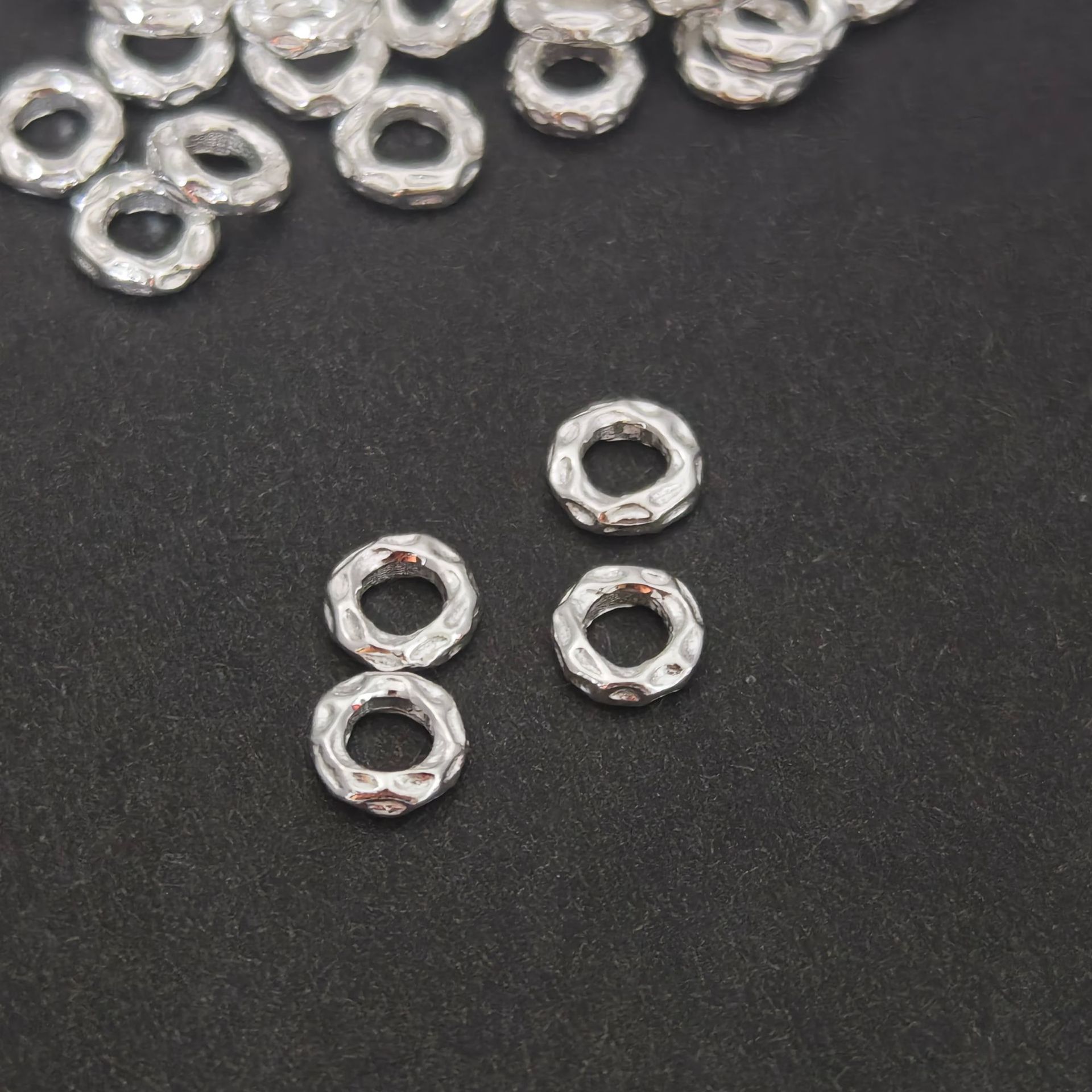 S999 Pure Silver Jewelry Accessories, Hammered Texture Round Rings, DIY Handmade Beaded Braided Bracelet Spacer Beads, Loose Beads