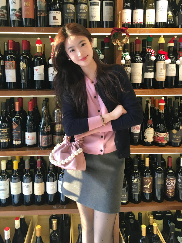 藏青色假两件针织开衫女早秋季2025新款毛衣外套短款上衣均码冰丝|undefined