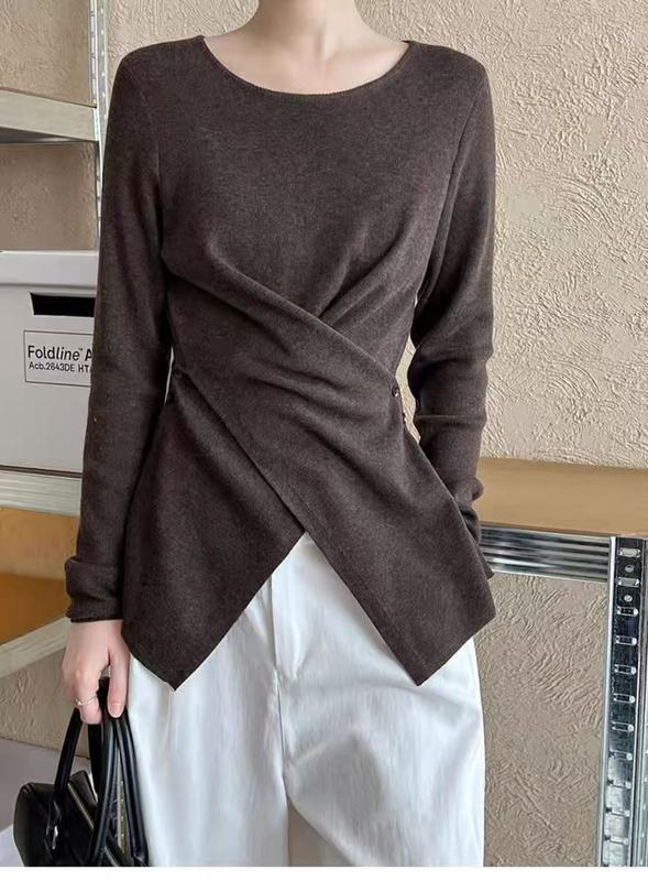 早秋新款 设计感圆领羊毛针织衫女不规则交叉打底衫气质显瘦上衣|undefined