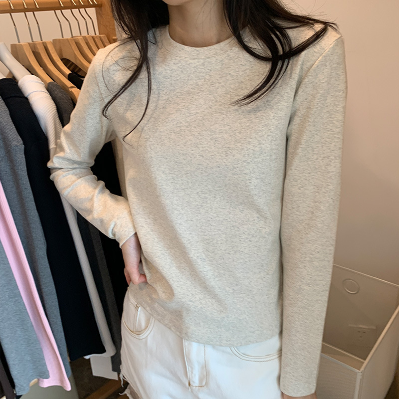 棉质圆领纯色打底衫女春秋冬新款叠穿内搭修身长袖t恤上衣女 |undefined