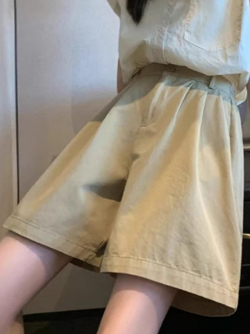 女性用純綿スーツショーツ、夏用薄手Aラインカジュアルワイドレッグミッドパンツ、ハイウエストストレートスリム5点パンツ|undefined