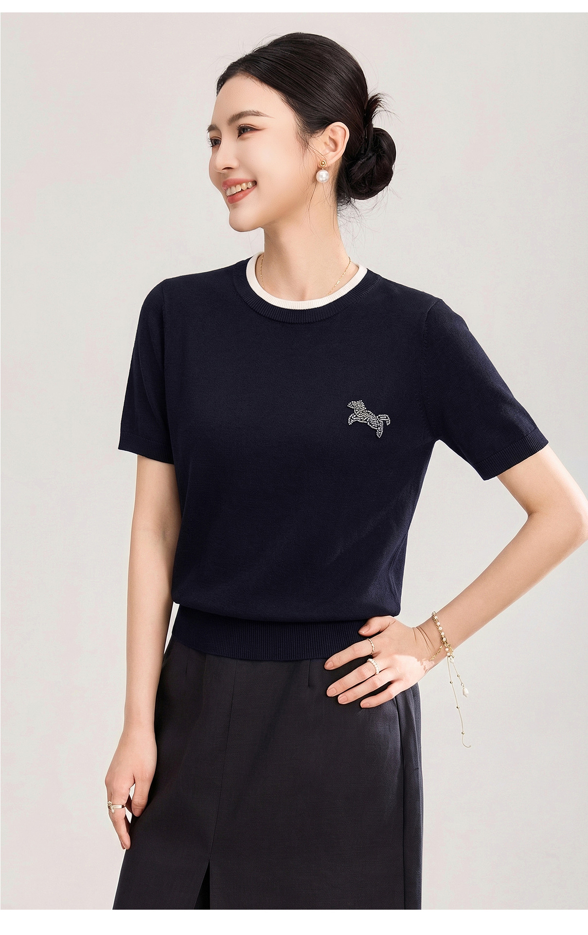 Áo thun dệt kim len merino giả hai lớp cổ tròn — màu xanh navy chi tiết 20