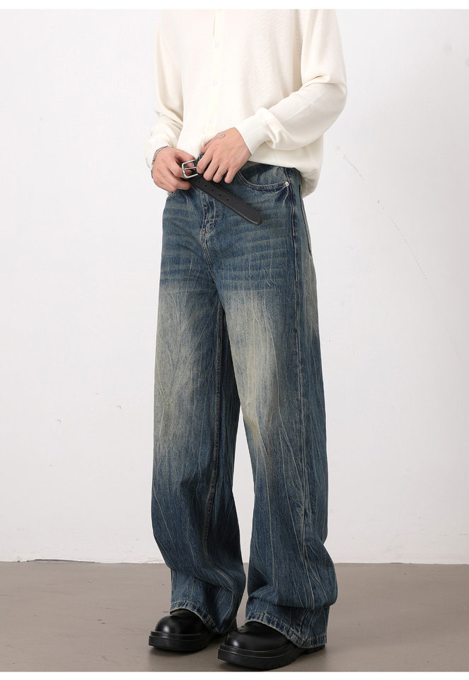 Quần jean nam ống rộng dáng suông màu xanh wash, râu mèo, phong cách đơn giản dễ phối đồ — Màu xanh dương chi tiết 16