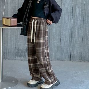 Cross-Border Ins Popular Children's Clothing Winter Velvet Plaid Wide-Leg Pants High-Waist Slim Woolen Wide