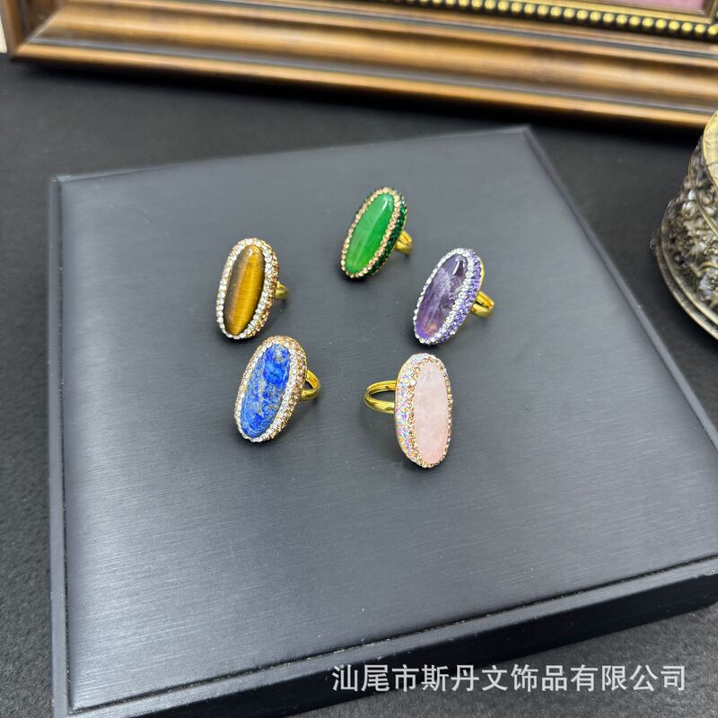 Autumn and Winter New Natural Raw Stone Oval Ring, Simple and Niche Style, Hand-Inlaid Ring, Factory Supply
