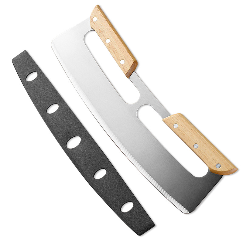 New Wooden Semi-Circular Pizza Roller Cutter Double Handle Easy Operation PP Protective Cover_voghion.com