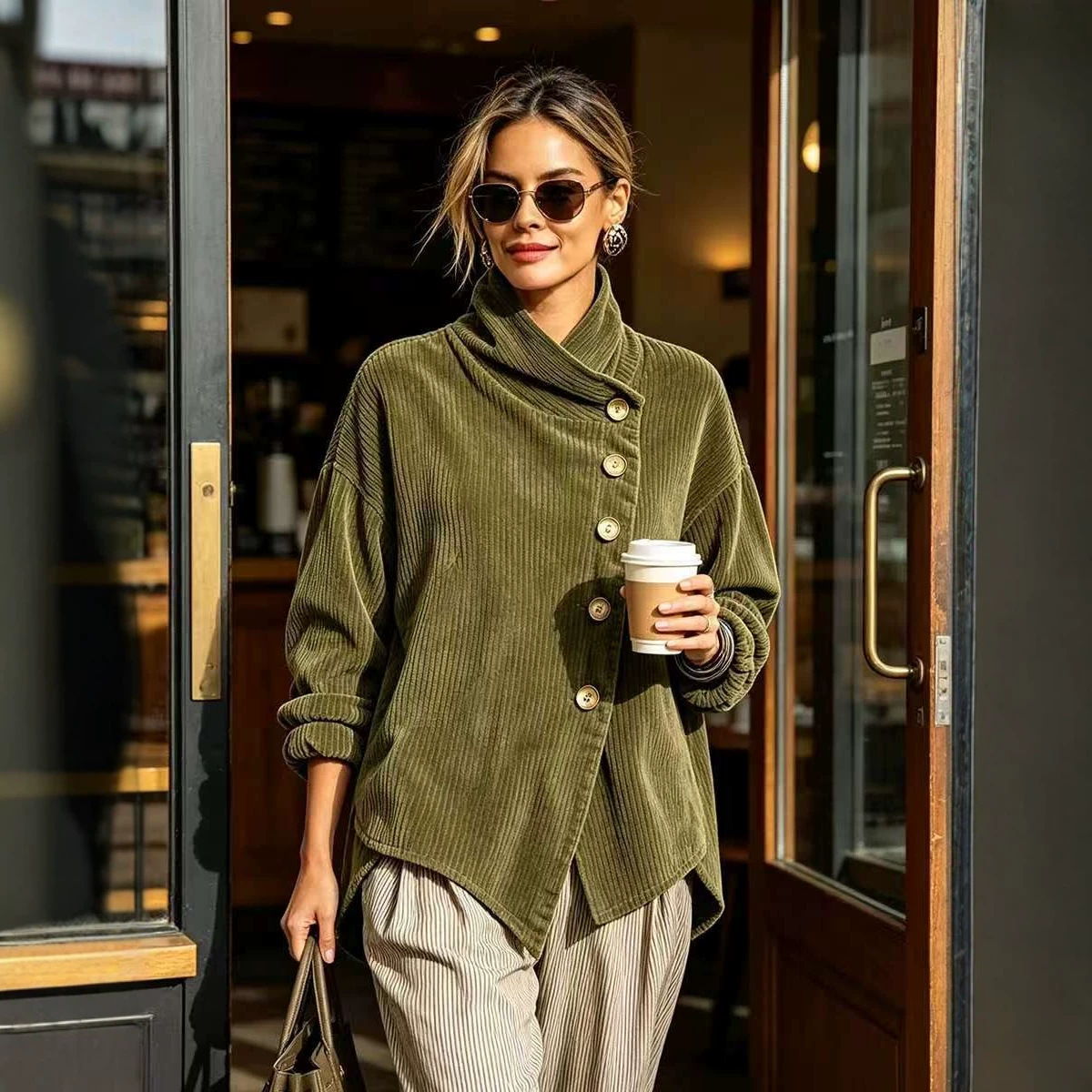 2026 Cross-Border European and American Autumn and Winter New Corduroy Irregular Loose Shoulder-Drop Diagonal Button Jacket for Women