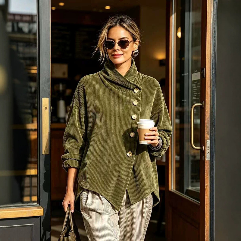 2026 Cross-Border European and American Autumn and Winter New Corduroy Irregular Loose Shoulder-Drop Diagonal Button Jacket for Women