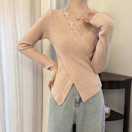 大码法式蕾丝交叉设计V领打底衫女秋冬2023新款胖mm修身T恤上衣服