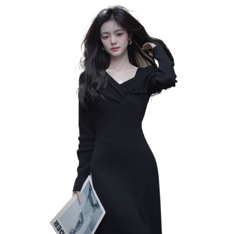 2024 년 가을 겨울 새로운 프랑스 기질 긴 원피스 원피스 가볍게 성숙한 PLATYCODON GRANDIFLORUM 무릎 착용