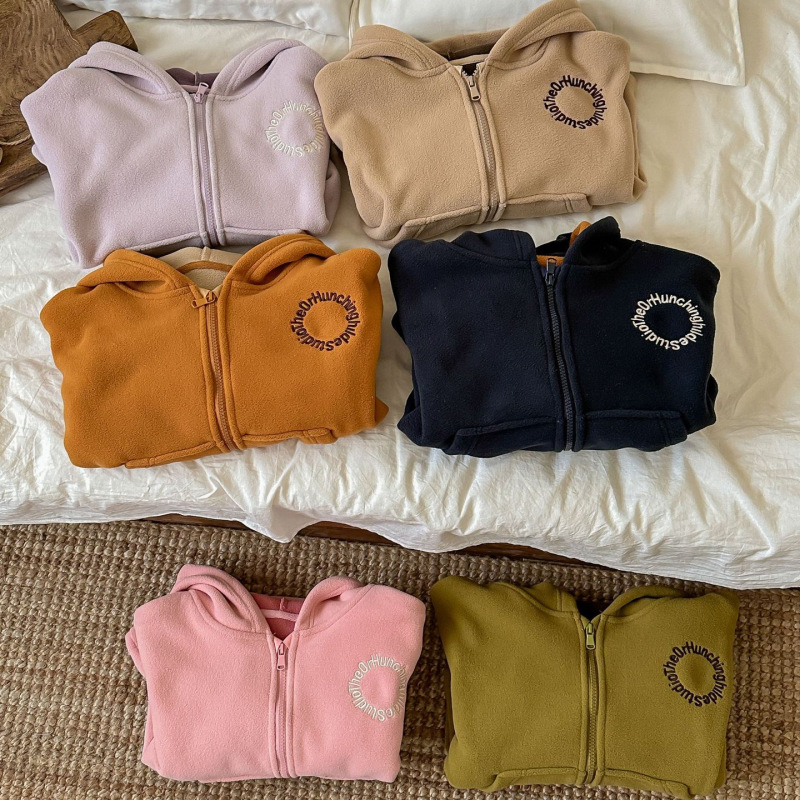 Children's Clothing for Boys and Girls, Polar Fleece Jackets, Kidsren's Autumn and Winter Clothing, Double-Sided Fleece Tops, Medium and Large Kidsren's Hooded Baseball Jackets