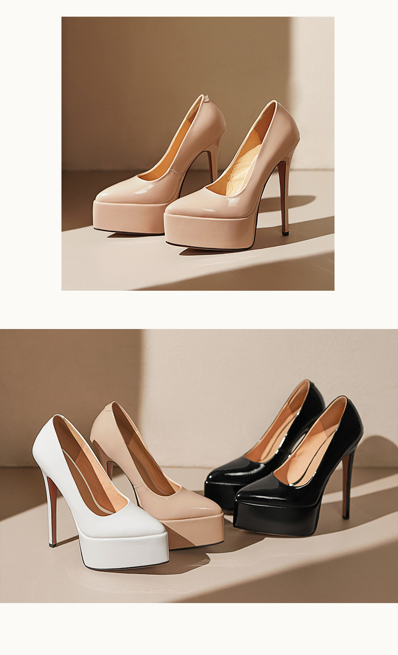 Giày cao gót nữ mũi nhọn gót 16 cm đế platform da bóng — Màu đen, Màu nude, Màu trắng chi tiết 6