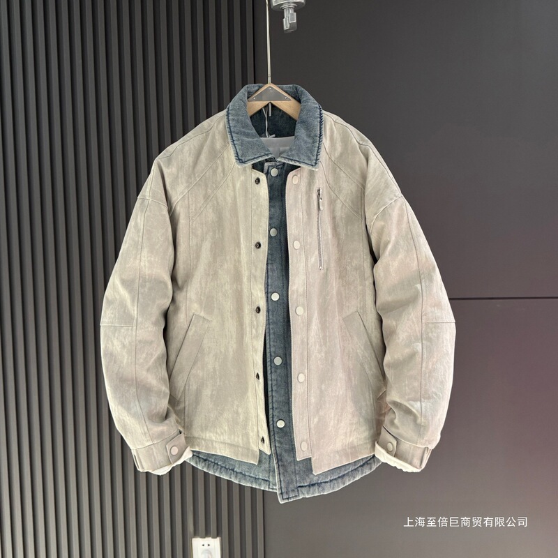 Fake Two-Piece Denim down Jacket for Men, Winter Turn-Down Collar Patchwork Tie-Dye White Duck down Thickened Coat with Shirt Collar, Wholesale Fake Two-Piece Denim down Jacket for Men, Winter Turn-Down Collar Patchwork Tie-Dye White Duck down Thickened Coat with Shirt Collar, Wholesale