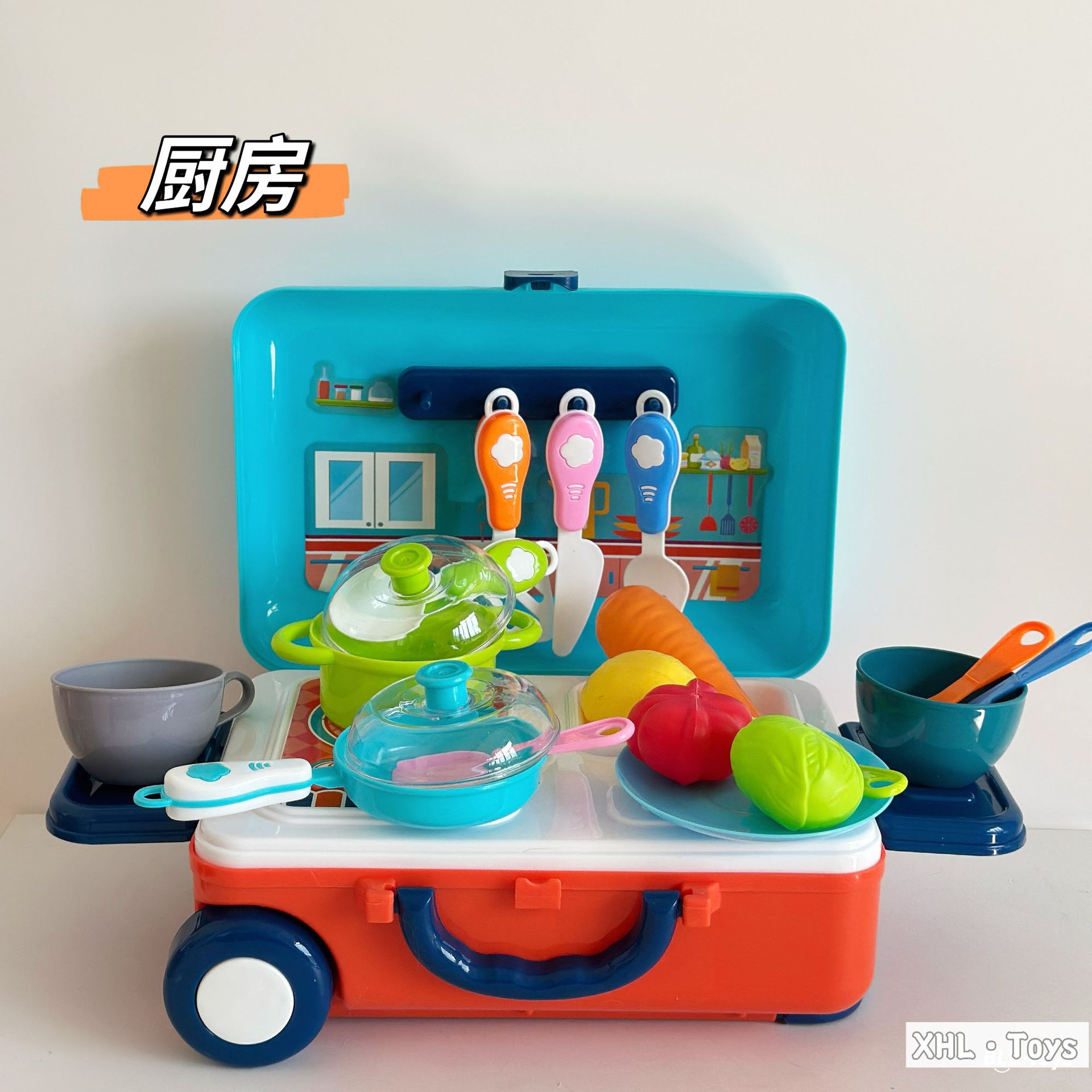 Caja trolley de juegos para bebés transfronterizos/comida de simulación portátil de doble uso Cocina Doctor Herramientas Maquillaje Utensilios de cocina Juguetes