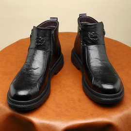 透气百搭马丁皮靴中筒英伦风单靴圆头侧拉链马丁靴商务男士皮靴